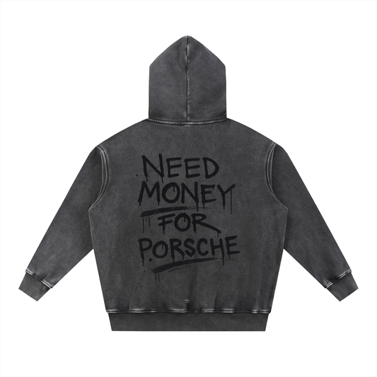 "Need Money For Porsche" Washed Oversize Hoodie